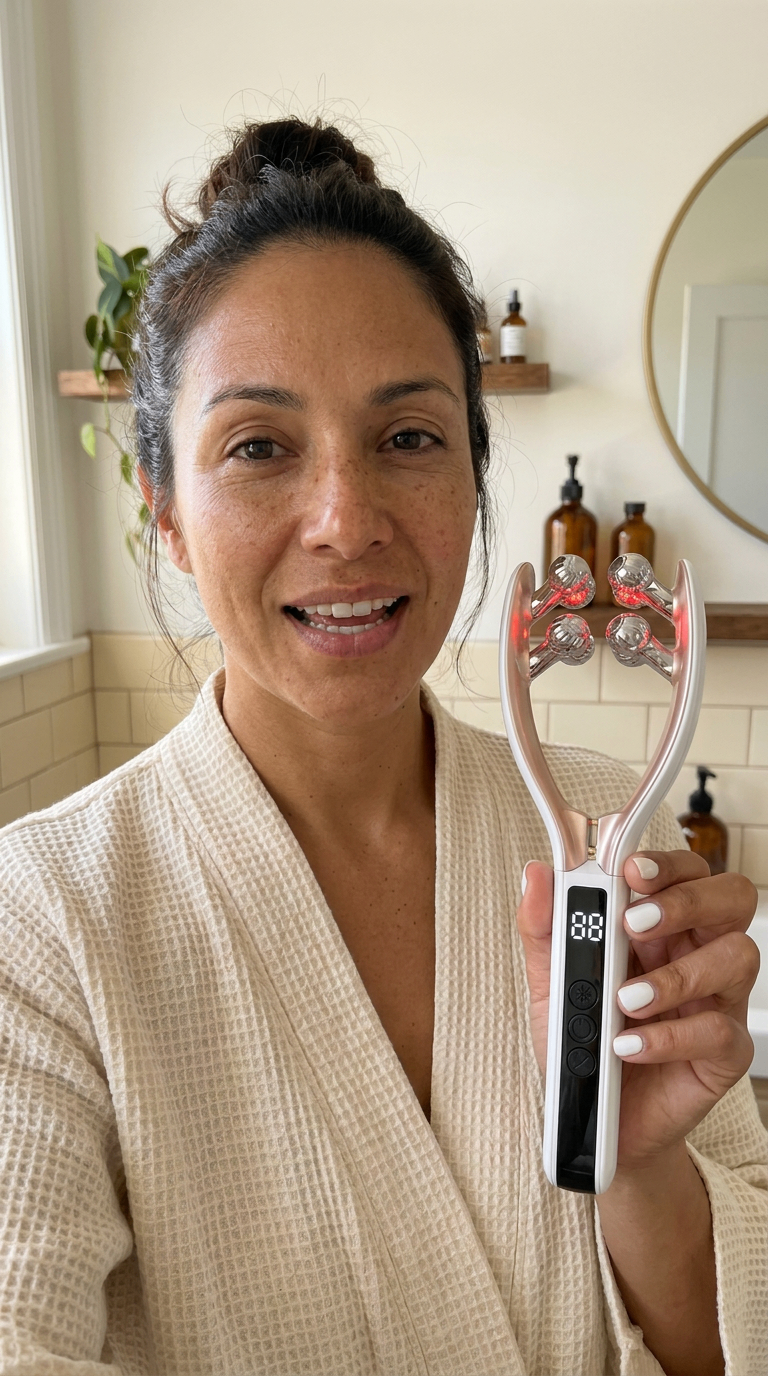 Velé Lift — Device positioned on jawline with LED glow